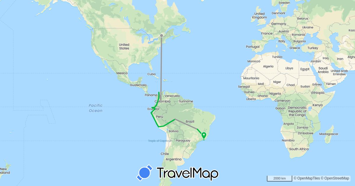 TravelMap itinerary: driving, bus, plane in Brazil, Canada, Colombia, Ecuador, Peru (North America, South America)